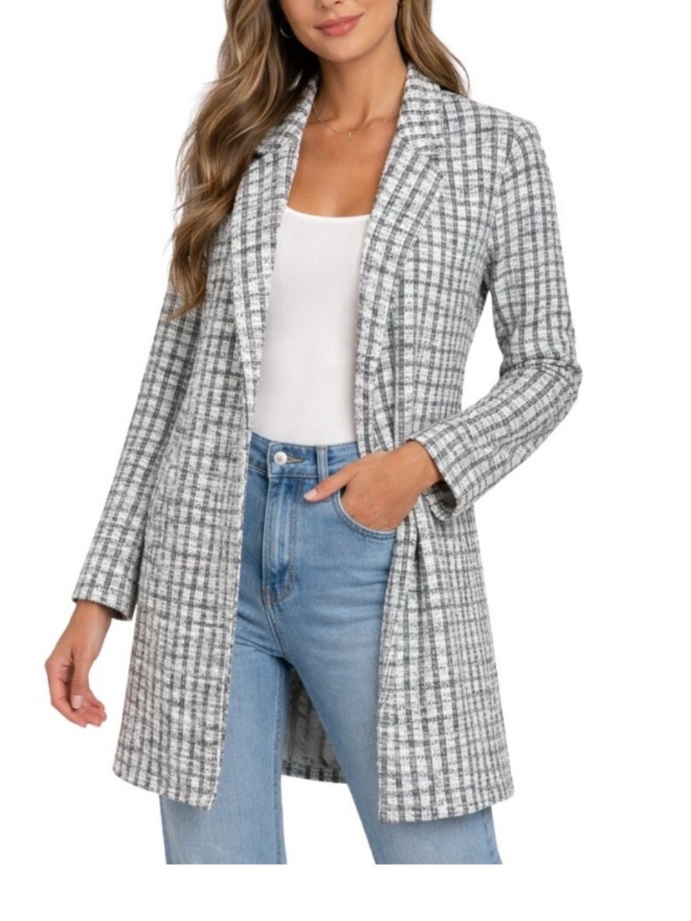 Melloday Black White Plaid Tweed Longline Open Front Blazer Coat Small